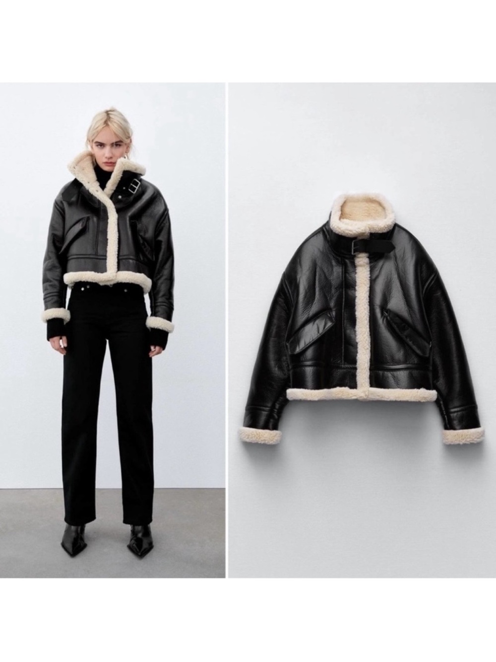 ZARA Black Faux Leather Cream Fleece Lined Sz Small Blogger Favorite - Picture 2 of 10